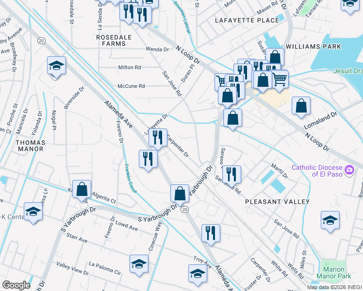 map of restaurants, bars, coffee shops, grocery stores, and more near 8050 San Jose Road in El Paso