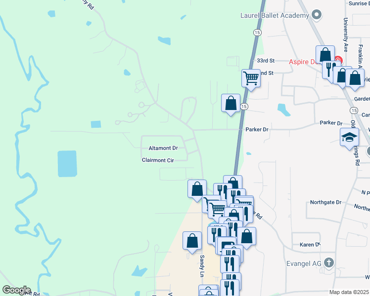 map of restaurants, bars, coffee shops, grocery stores, and more near 1 Altamont Drive in Laurel