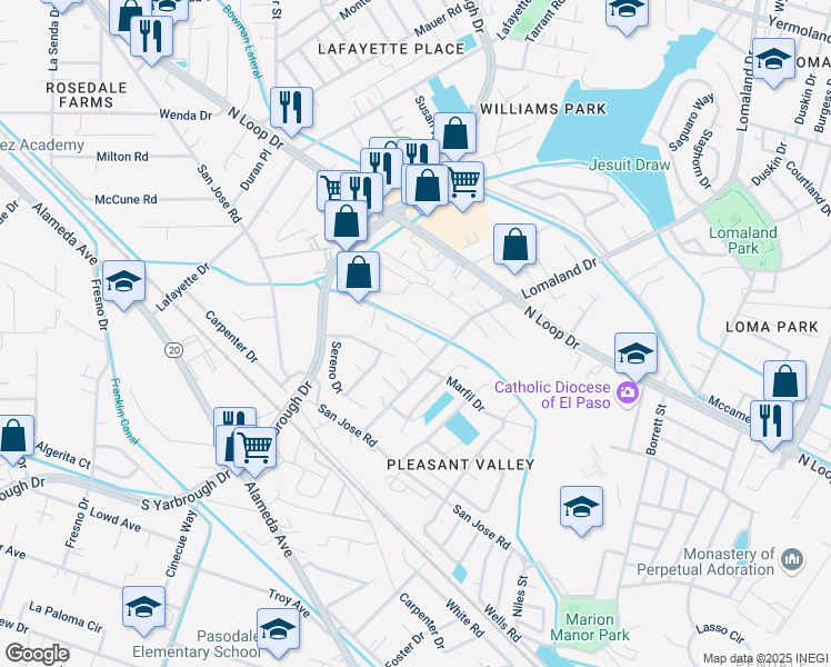 map of restaurants, bars, coffee shops, grocery stores, and more near 8157 Saint Andrew Lane in El Paso