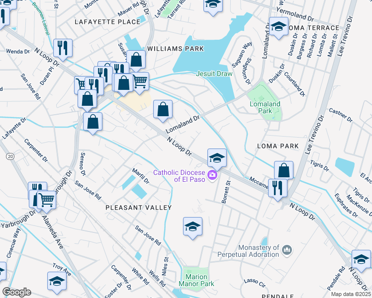 map of restaurants, bars, coffee shops, grocery stores, and more near in El Paso