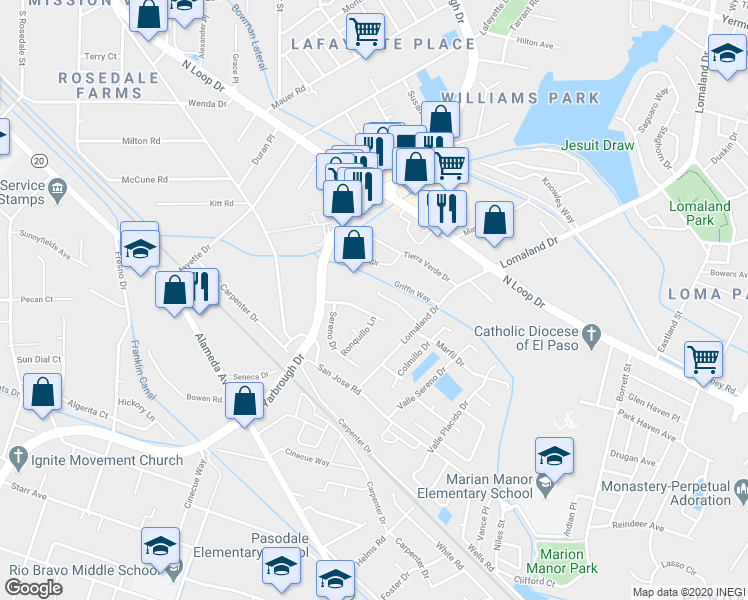 map of restaurants, bars, coffee shops, grocery stores, and more near 8138 Saint Andrew Lane in El Paso