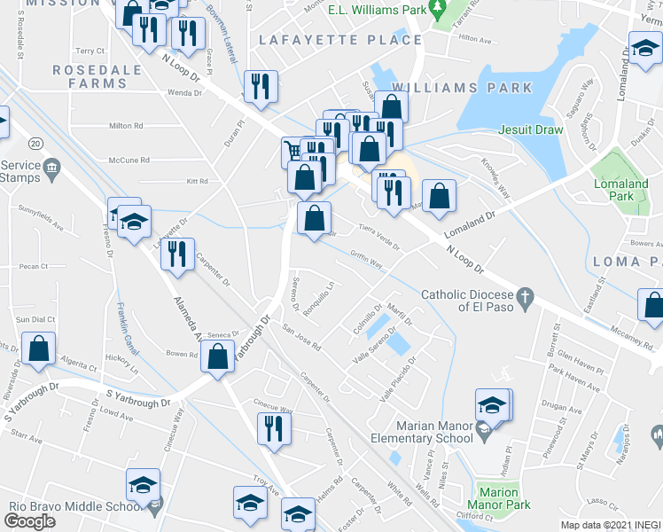 map of restaurants, bars, coffee shops, grocery stores, and more near 8138 Saint Andrew Lane in El Paso