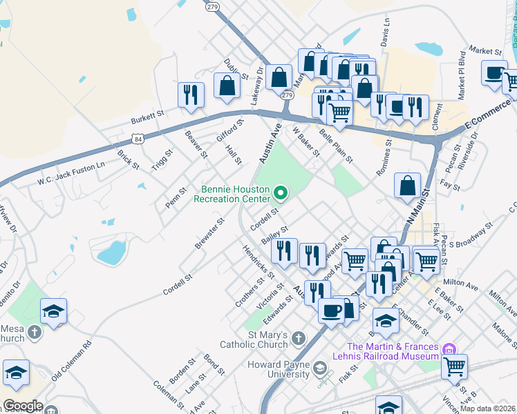 map of restaurants, bars, coffee shops, grocery stores, and more near 1009 Hall Street in Brownwood