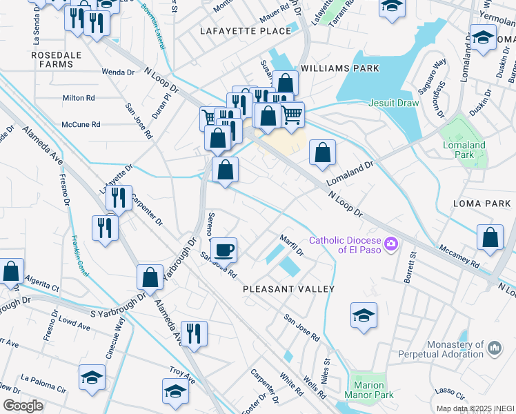 map of restaurants, bars, coffee shops, grocery stores, and more near 8153 Saint Andrew Lane in El Paso