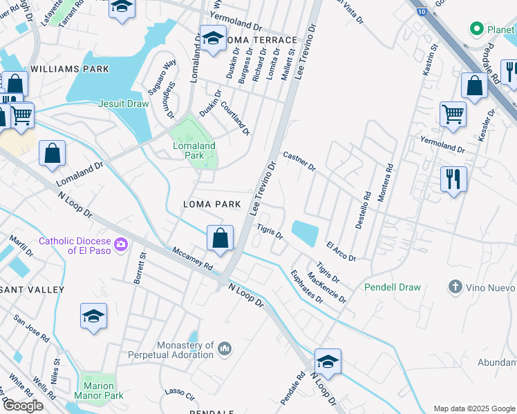 map of restaurants, bars, coffee shops, grocery stores, and more near 2504 Lee Trevino Drive in El Paso