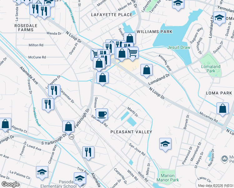map of restaurants, bars, coffee shops, grocery stores, and more near 8153 Saint Andrew Lane in El Paso