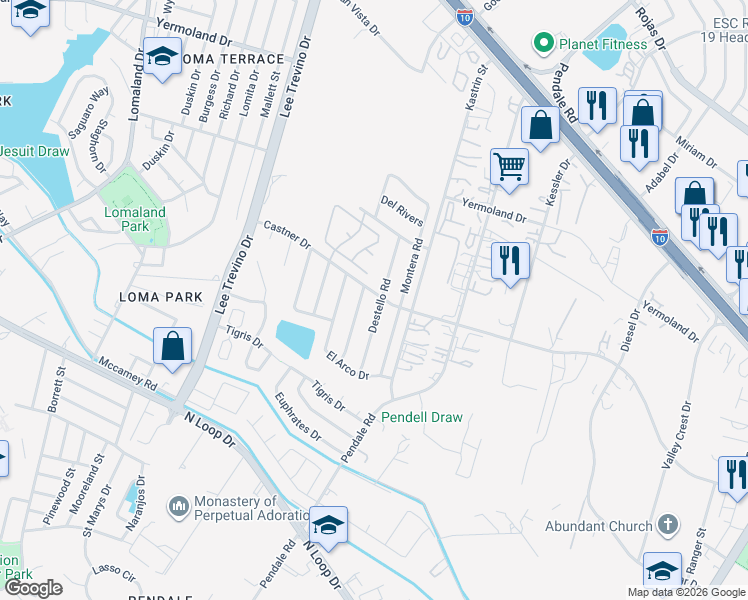 map of restaurants, bars, coffee shops, grocery stores, and more near 861 Los Surcos Road in El Paso