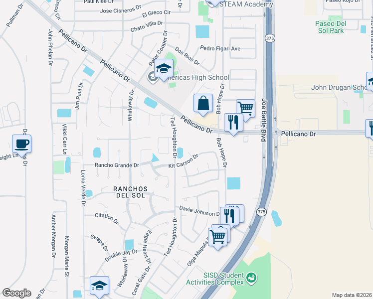 map of restaurants, bars, coffee shops, grocery stores, and more near 1373 Luz Carpio Way in El Paso