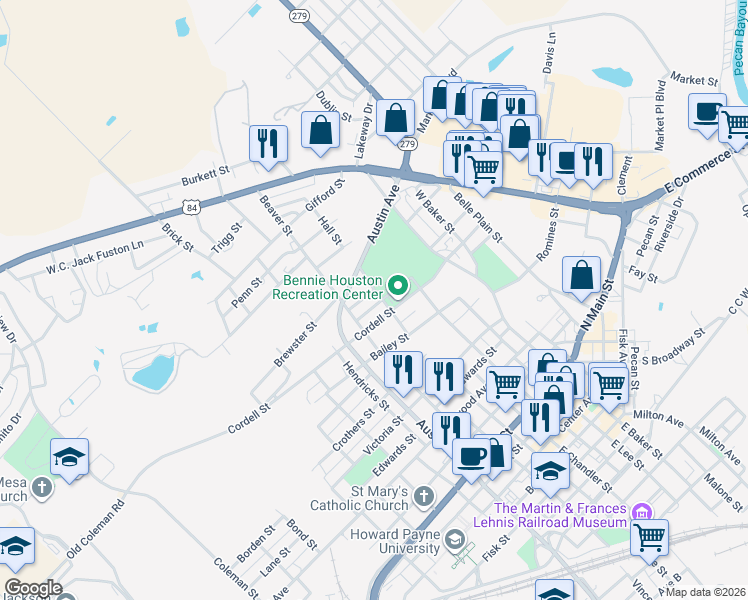 map of restaurants, bars, coffee shops, grocery stores, and more near 1009 Hall Street in Brownwood