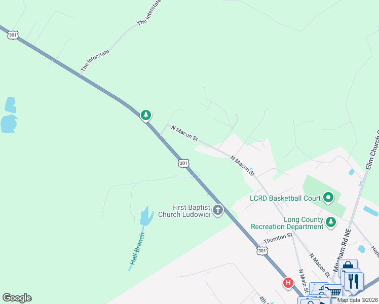 map of restaurants, bars, coffee shops, grocery stores, and more near 1036 Cecil Nobles Highway in Ludowici