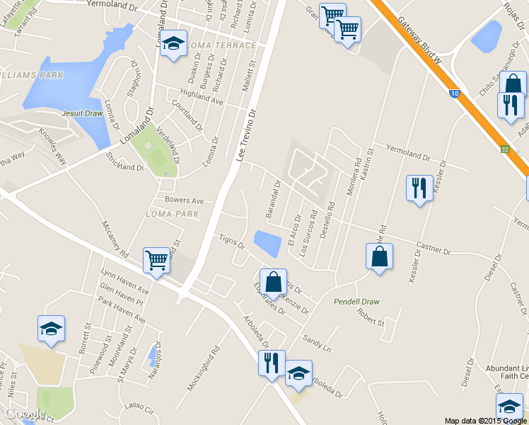 map of restaurants, bars, coffee shops, grocery stores, and more near 843 Barandal Drive in El Paso