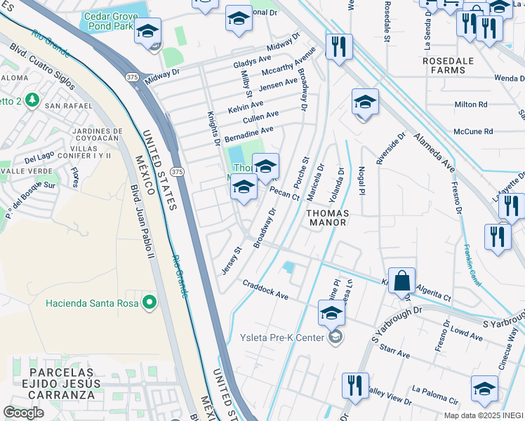 map of restaurants, bars, coffee shops, grocery stores, and more near 7925 Jersey Street in El Paso