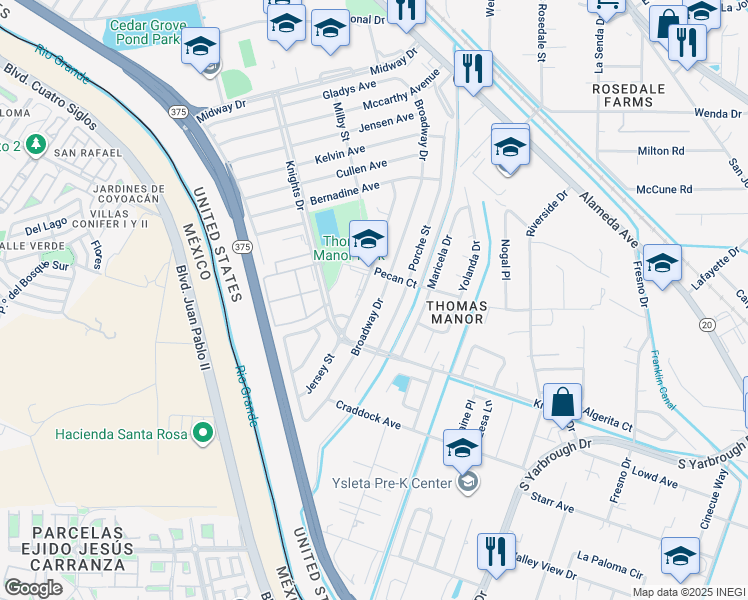 map of restaurants, bars, coffee shops, grocery stores, and more near 7925 Jersey Street in El Paso