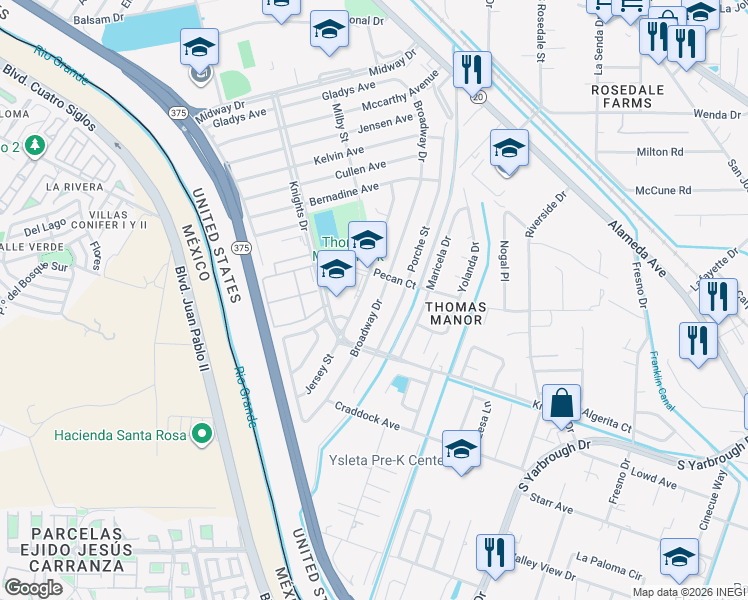 map of restaurants, bars, coffee shops, grocery stores, and more near 7925 Jersey Street in El Paso