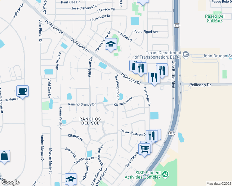 map of restaurants, bars, coffee shops, grocery stores, and more near 12160 Sitting Bull Drive in El Paso