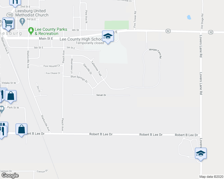 map of restaurants, bars, coffee shops, grocery stores, and more near 168 Tallassee Trail in Leesburg