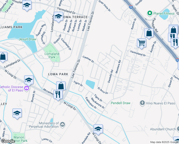map of restaurants, bars, coffee shops, grocery stores, and more near 849 Barandal Drive in El Paso