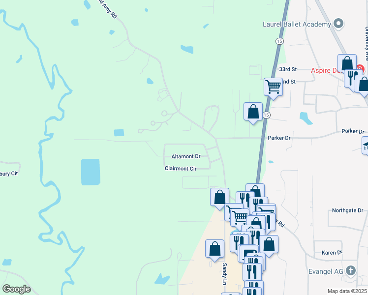map of restaurants, bars, coffee shops, grocery stores, and more near 1-99 Altamont Dr in Laurel