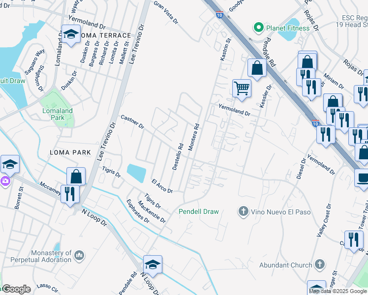 map of restaurants, bars, coffee shops, grocery stores, and more near 905 Montera Road in El Paso