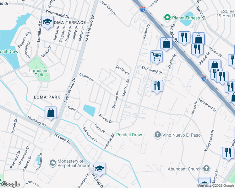 map of restaurants, bars, coffee shops, grocery stores, and more near 905 Montera Road in El Paso