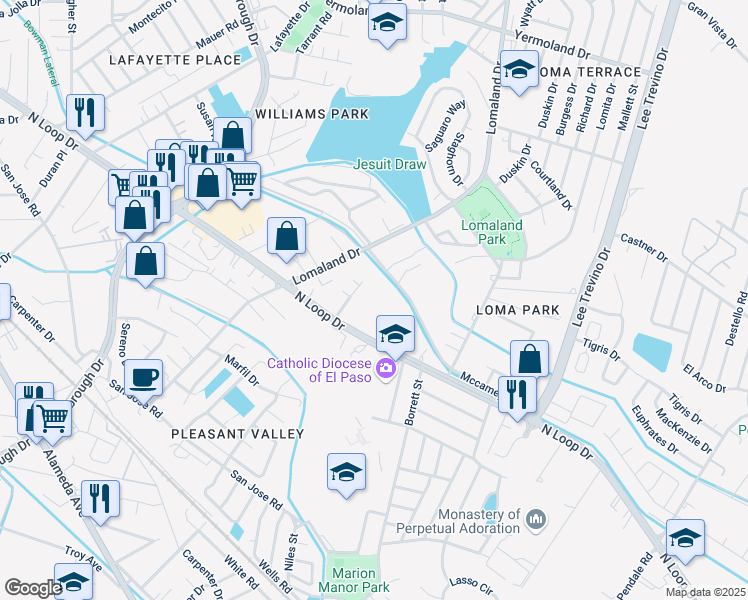 map of restaurants, bars, coffee shops, grocery stores, and more near 8269 North Loop Drive in El Paso