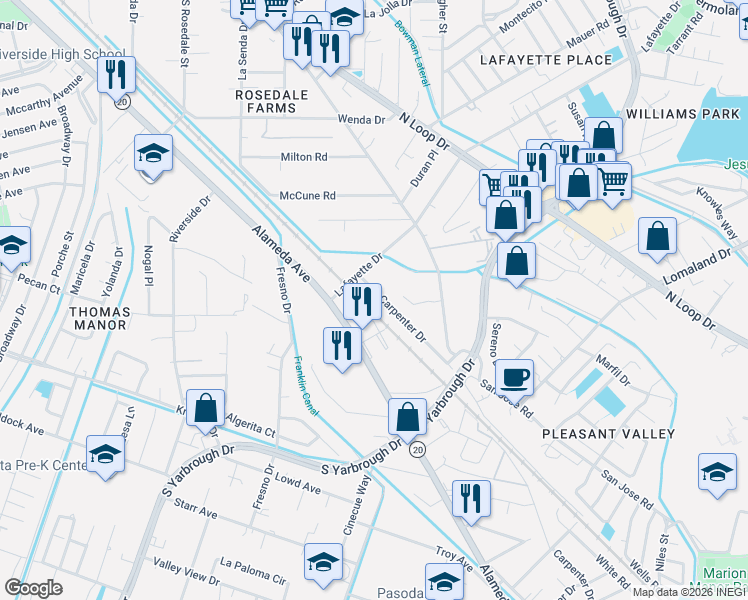 map of restaurants, bars, coffee shops, grocery stores, and more near 8032 Carpenter Drive in El Paso