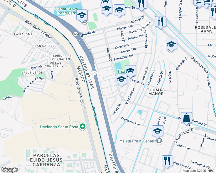 map of restaurants, bars, coffee shops, grocery stores, and more near 7900 Knights Drive in El Paso