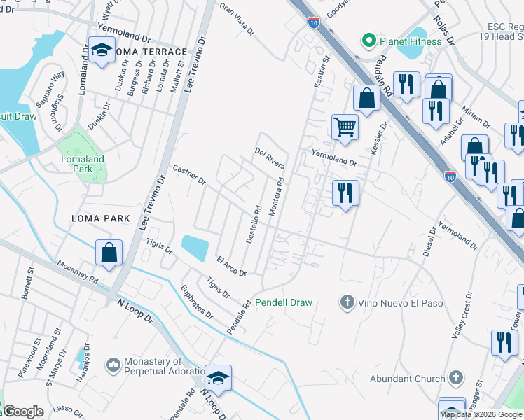 map of restaurants, bars, coffee shops, grocery stores, and more near 905 Montera Road in El Paso