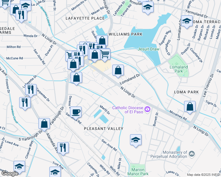map of restaurants, bars, coffee shops, grocery stores, and more near 8206 Loma Vista Place in El Paso
