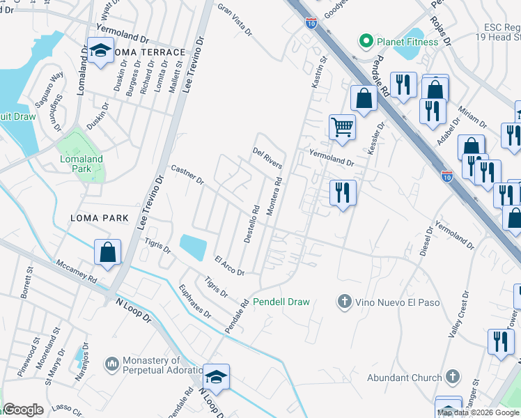 map of restaurants, bars, coffee shops, grocery stores, and more near 905 Montera Road in El Paso