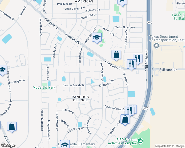 map of restaurants, bars, coffee shops, grocery stores, and more near 12245 Sitting Bull Drive in El Paso