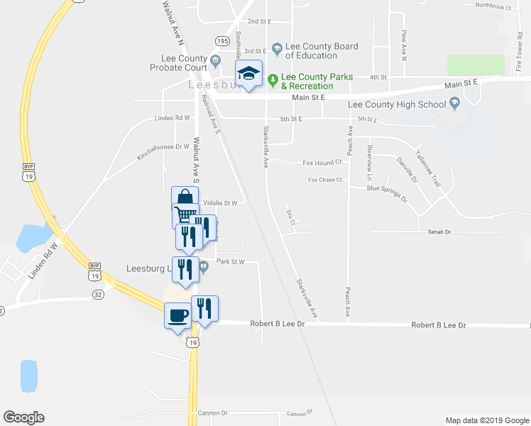 map of restaurants, bars, coffee shops, grocery stores, and more near 186 Starksville Avenue in Leesburg
