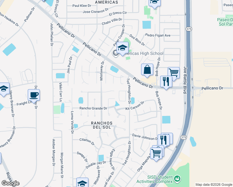 map of restaurants, bars, coffee shops, grocery stores, and more near 1379 Bat Masterson Drive in El Paso