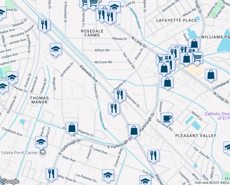 map of restaurants, bars, coffee shops, grocery stores, and more near 8009 Alameda Avenue in El Paso