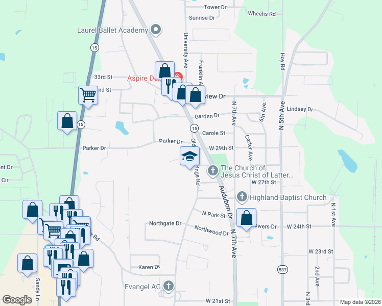 map of restaurants, bars, coffee shops, grocery stores, and more near 801-899 West 28th Street in Laurel