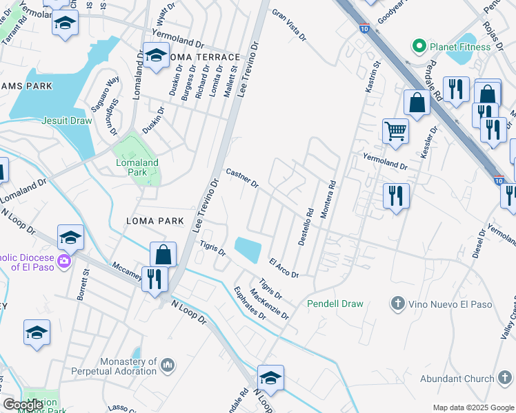 map of restaurants, bars, coffee shops, grocery stores, and more near 816 Silvestre Road in El Paso