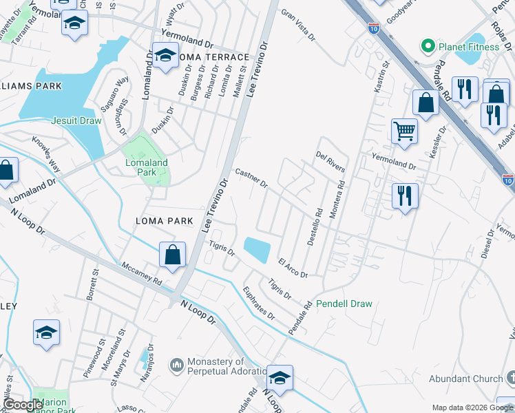 map of restaurants, bars, coffee shops, grocery stores, and more near 843 Barandal Drive in El Paso