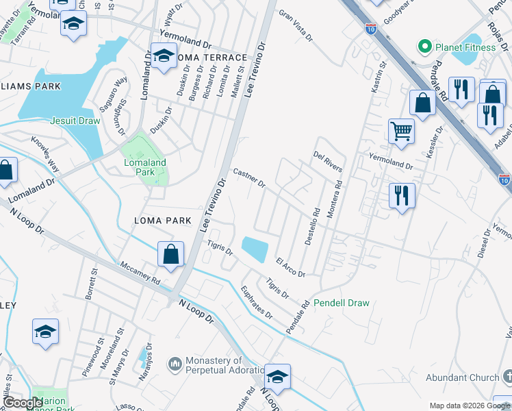 map of restaurants, bars, coffee shops, grocery stores, and more near 843 Barandal Drive in El Paso