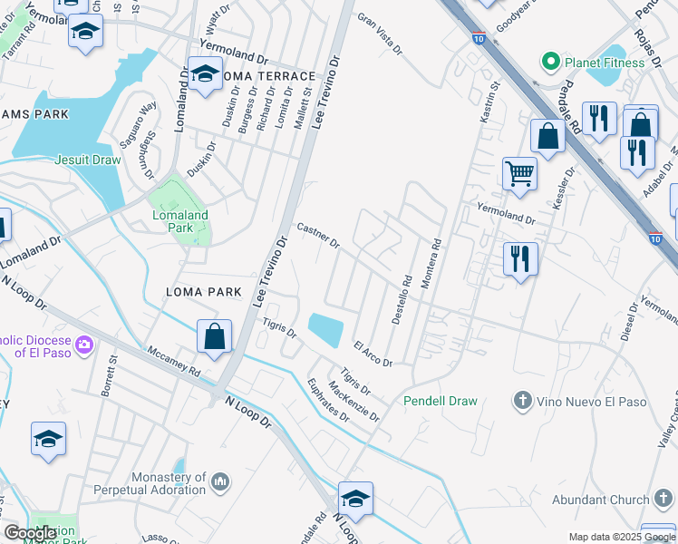 map of restaurants, bars, coffee shops, grocery stores, and more near 816 Silvestre Road in El Paso