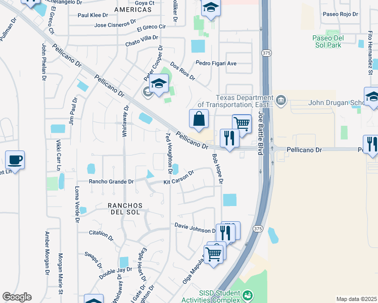 map of restaurants, bars, coffee shops, grocery stores, and more near 12220 Pellicano Drive in El Paso