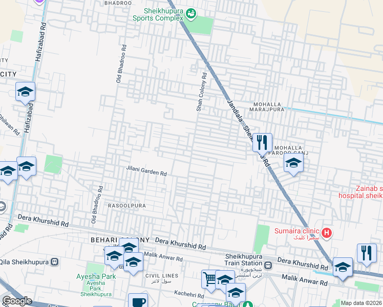 map of restaurants, bars, coffee shops, grocery stores, and more near Shah Colony Road in Sheikhupura