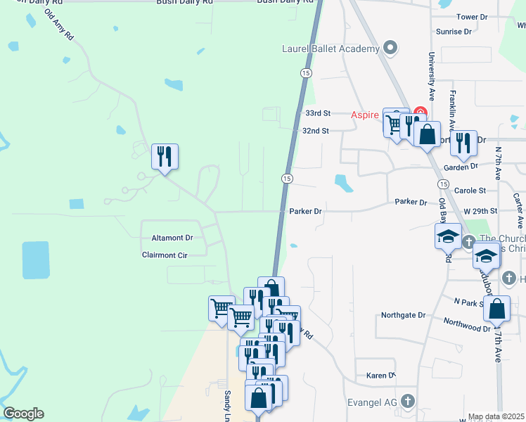 map of restaurants, bars, coffee shops, grocery stores, and more near 2901 Wheeler Drive in Laurel