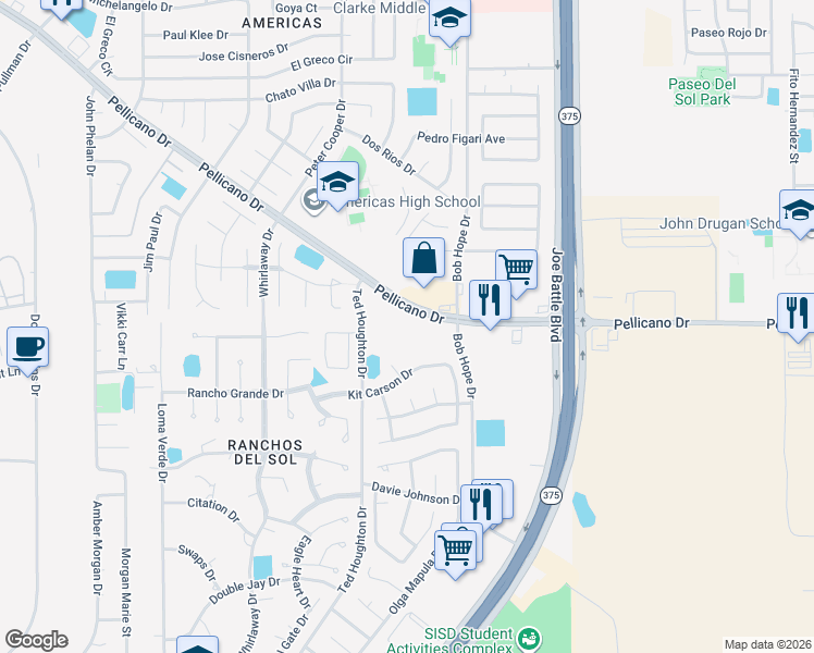 map of restaurants, bars, coffee shops, grocery stores, and more near 12220 Pellicano Drive in El Paso