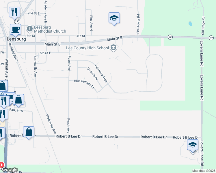 map of restaurants, bars, coffee shops, grocery stores, and more near Tallassee Trail in Leesburg