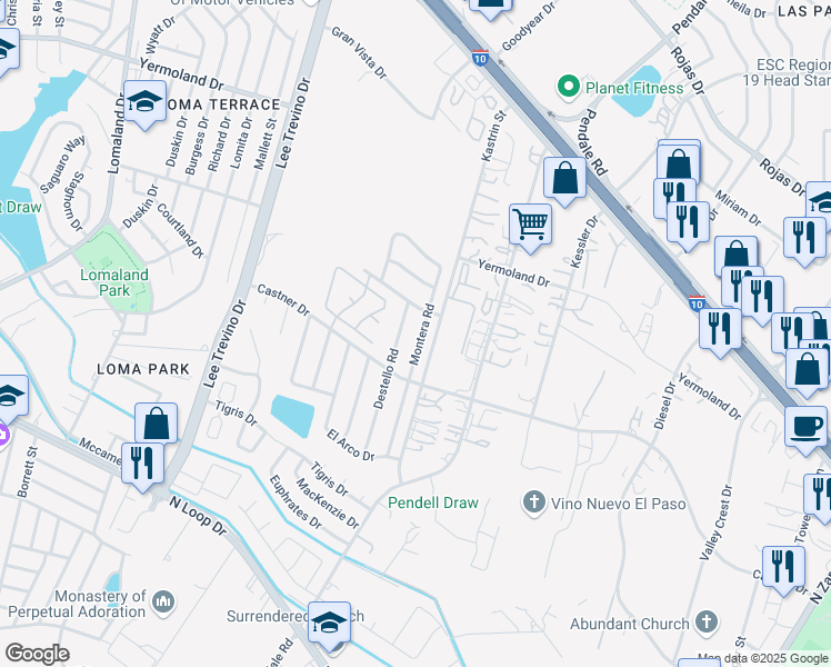map of restaurants, bars, coffee shops, grocery stores, and more near 936 Destello Road in El Paso