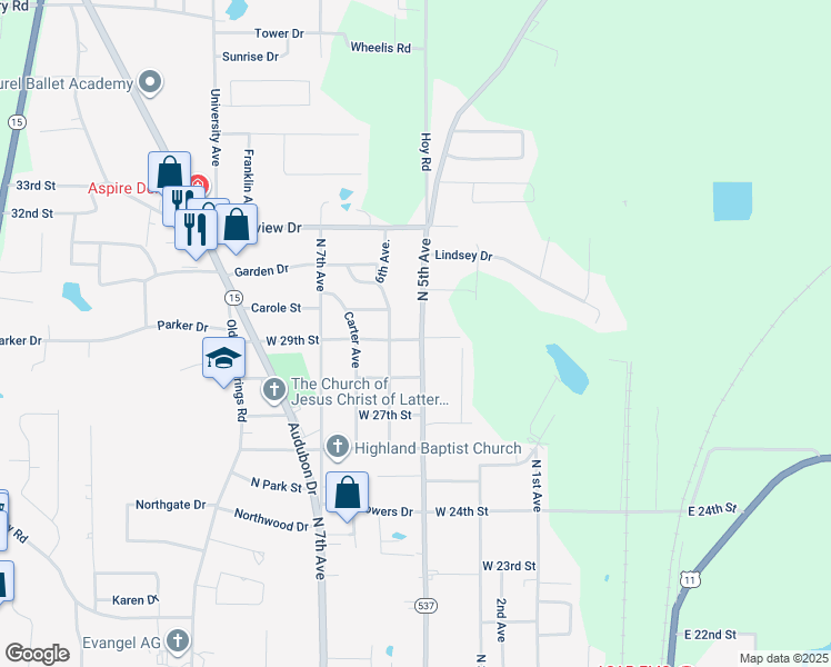 map of restaurants, bars, coffee shops, grocery stores, and more near 2910 North 5th Avenue in Laurel