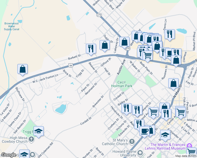 map of restaurants, bars, coffee shops, grocery stores, and more near 1209 Beaver Street in Brownwood