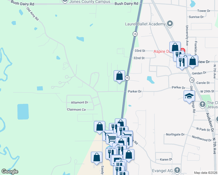 map of restaurants, bars, coffee shops, grocery stores, and more near 2901-2999 Wheeler Drive in Laurel