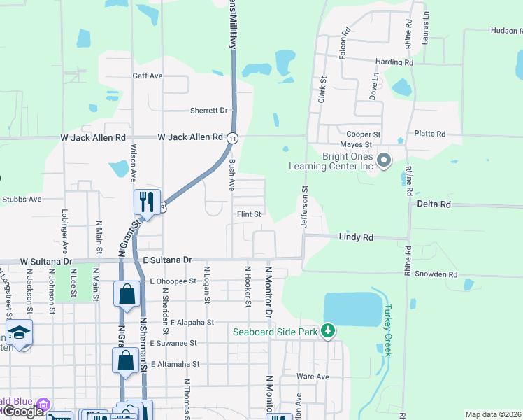 map of restaurants, bars, coffee shops, grocery stores, and more near 118 Flint Street in Fitzgerald
