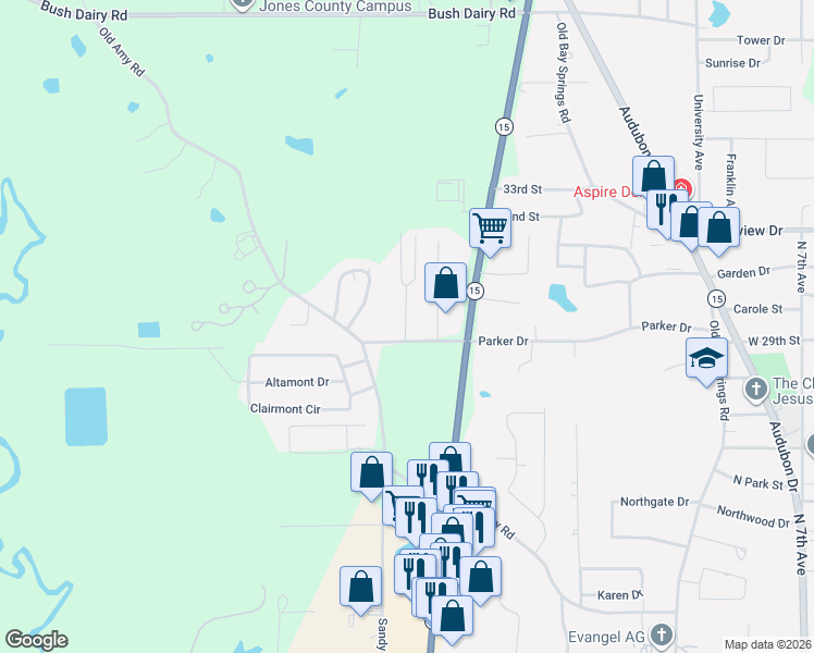 map of restaurants, bars, coffee shops, grocery stores, and more near 2901-2999 Wheeler Drive in Laurel